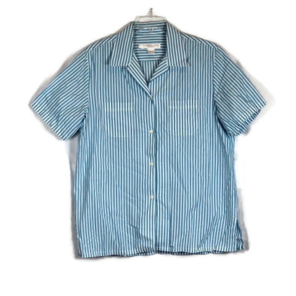 Preston & York Sports Striped White Blue Women's Short Sleeve Top Blouse L 035